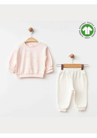 Zekids Kız Bebek Yıldız Tavşan Baskılı Organik Eşofman Takım-15475 Pudra