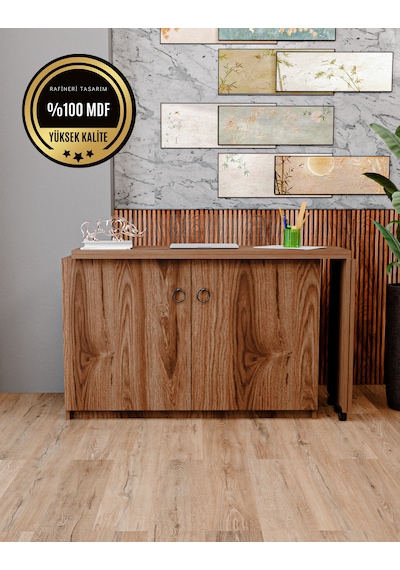 Rafineri Flor Çalışma Masası Dolaplı Açılır Katlanır Masa Mdf Ceviz