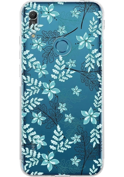Huawei Y6 Pro 2019 Kamera Korumalı Kapak Floral Su Yeşili Tasarımlı Şeffaf Kılıf