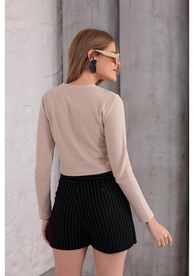 Ckm Moda Mira Selanik Oval Fermuar Bluz Bej