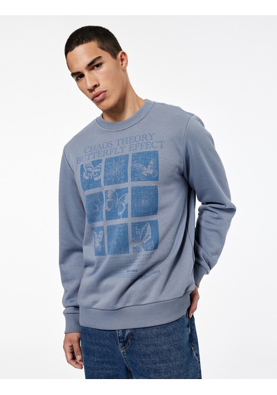 Koton Uzun Kollu Bisiklet Yaka Şardonlu Baskılı Sweatshirt Mavi 6wam70044mk