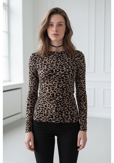 Seeh Leopar Kayık Yaka Uzun Kollu Body Sh322