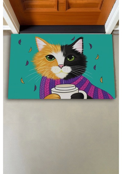 Valerine Life Kahve Düşkünü Relaks Kedi Yeşil Welcome Hoş Geldiniz Kapı Önü Paspası 45x70cm Kahverengi