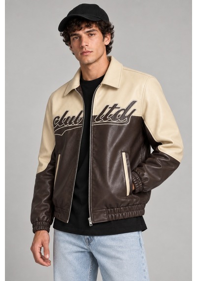 Maison Rae Erkek Kahverengi, İçi Kürklü, Çift Renkli, Yazı Detaylı,oversize Suni Deri Bomber Ceket