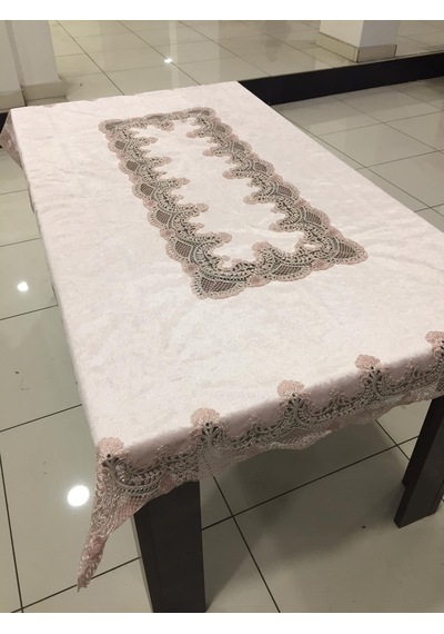 Almila Home Fransız Dantel Kadife 140X180 Masa Örtüsü Pudra D14