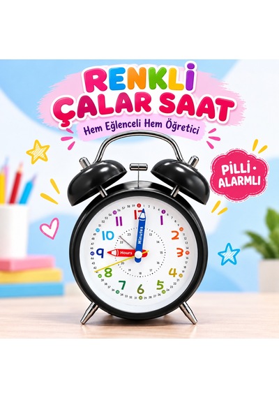 Eğitici Ve Eğlenceli Renkli Çalar Saat Pilli, Metal Gövdeli Çocuk Saati Siyah