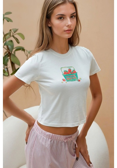 Hiccup Baskı Detaylı Regular Fit Bisiklet Yakalı %100 Pamuklu Crop T-shirt Çok Renkli