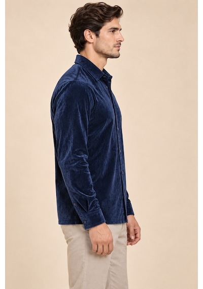 Tarz Cool Erkek Parlak Kadife Uzun Kollu Regular Fit Gömlek Lacivert