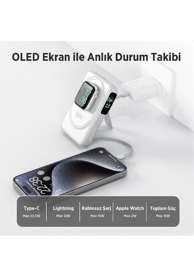 Bix 10000mah Tpb16-we 6'sı 1 Arada Oled Ekranlı Beyaz Kablosuz Powerbank Siyah