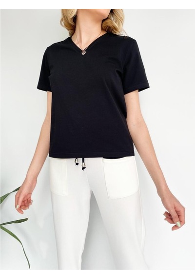 Kadın V Yaka Basic Tshirt Siyah