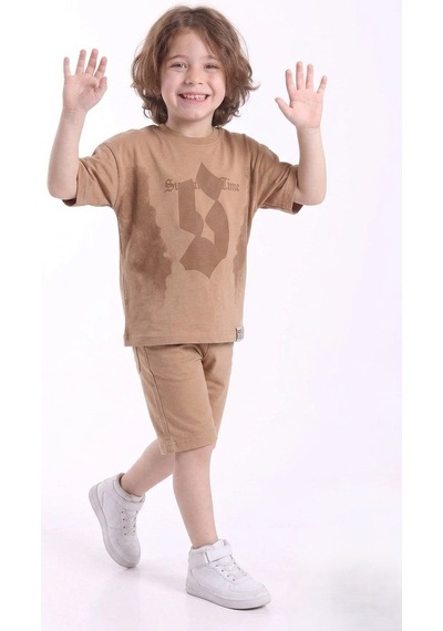 Mnk Baby & Kids Erkek Çocuk Baskılı Kısa Kollu Şortlu 2li Takım M00840 Kahverengi