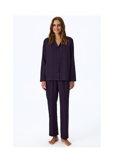 Penti Mor Midnight Saten Çizgili Uzun Kollu Gömlek Pantolon Pijama Takımı Pr81