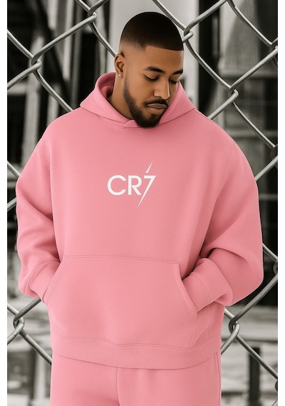 Benroma 3 İplik Penye Cr7 Baskılı Büyük Beden Sweatshırt Pembe