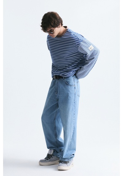 Vamos Kontrast Yaka Çizgili Sweatshirt Ekru-ındigo