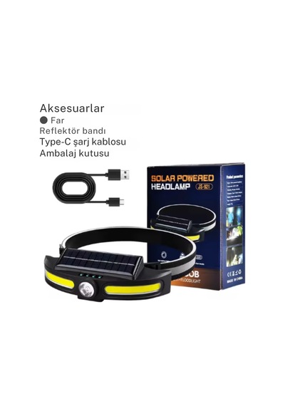 Solar Şarjlı Su Geçirmez Kafa Feneri - Usb Şarjlı, 14500 Pil, Çift Işık Kaynağı Or-921 Siyah