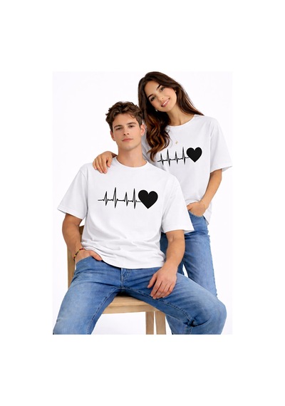 Sevgili Kombini Kalp Ritmi Baskılı Çift Tişört Oversize Unisex Partner Kombin Çift Seti Beyaz