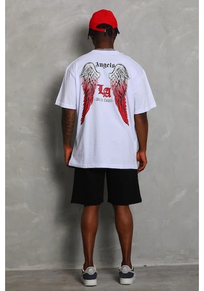 Erkek Oversize Baskılı Bisiklet Yaka T-shirt - Beyaz Beyaz