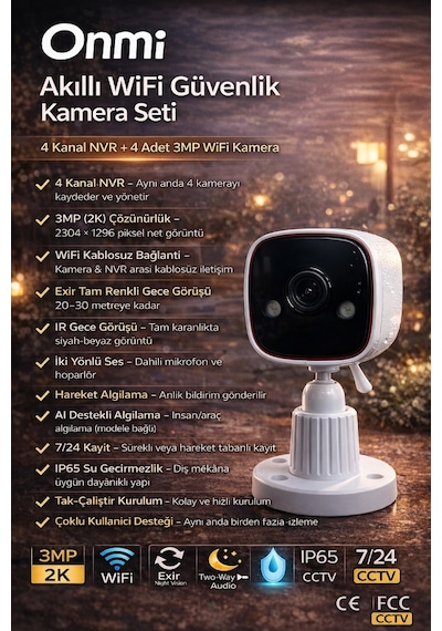 Omni Bsm400 4 Kanal Nvr + 3mp 4 Kamera Full Color Mik. + 10" Lcd Wifi Set 11.03.01.002500