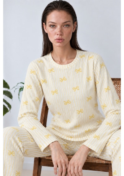 Kadın Çizgili Rahat Desenli İkili Sarı Pijama Takımı 4797