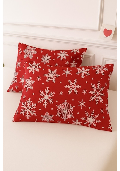 Lionas Desenli Pamuklu Yılbaşı Kar Desen Yastık Kılıfı 2 Adet 50 X 70 Cm Kırmızı
