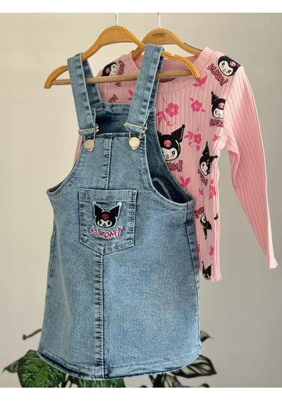 Kız Çocuk Kedi Baskılı Uzun Kollu Kot Salopet Takım - 2006 Pembe