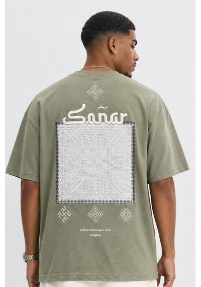 Respire Erkek Sonar Nakış Detaylı Oversize T-shirt Haki