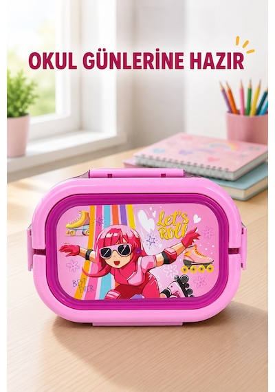 Pembe Patenli Kız Çocuk Beslenme Kutusu 6 Bölmeli Kilitli Saplı Okul Piknik Yemek Saklama Kabı Seti