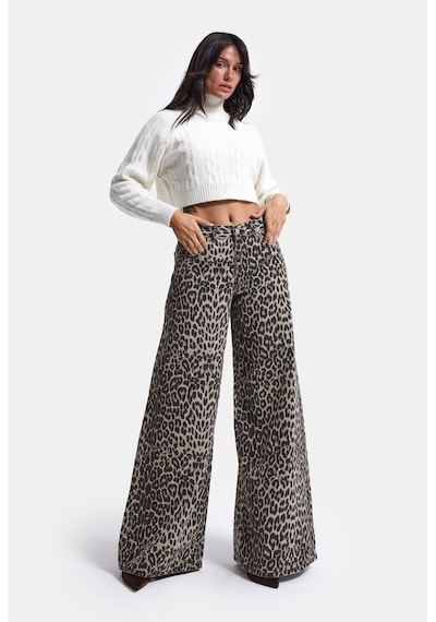 Kadın Leopar 1w6-26 Palazzo Fit Özel Desen Denim Jean