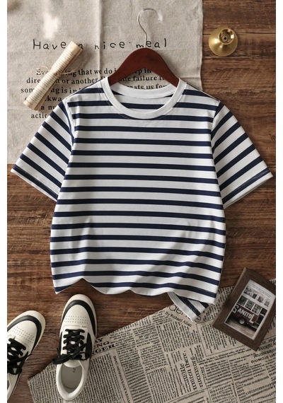 Makentmoda Çocuk Yazlık Orta Kalınlıkta Çizgili T-shirt Beyaz