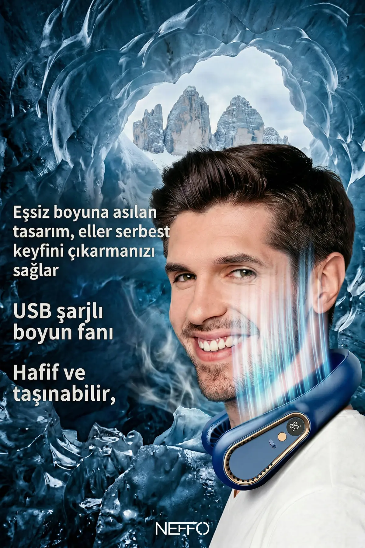 Boyuna Takılan Fan Mini Klima Serinletici Vantilatör Led Ekranlı 3 Seviye Şarjlı Boyunluk Fan