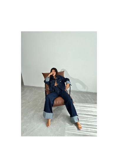 Zdnjeans W1910 Kolu Katlamalı Lacivert Crop Denim Ceket