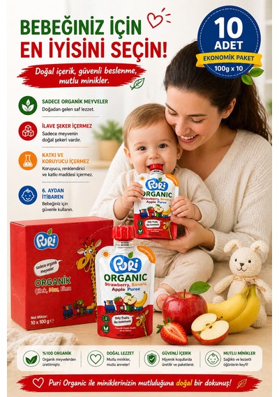 Organic Çilekli, Muzlu Elma Püresi 100 G x 10 %100 Organik İlave Şekersiz 10'lu Paket