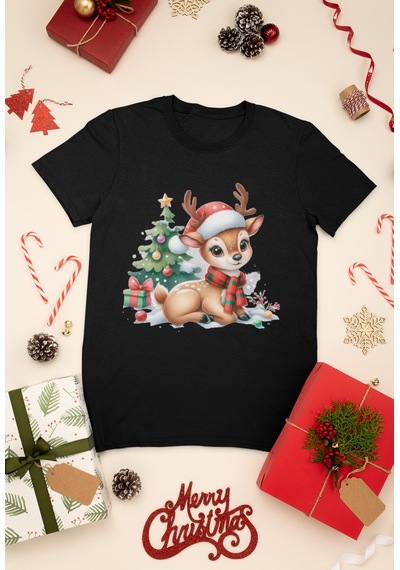 Stil X Yeni Yıl Baskılı Unısex Çocuk Tshırt, Chrıstmas Temalı, %100 Pamuklu Siyah