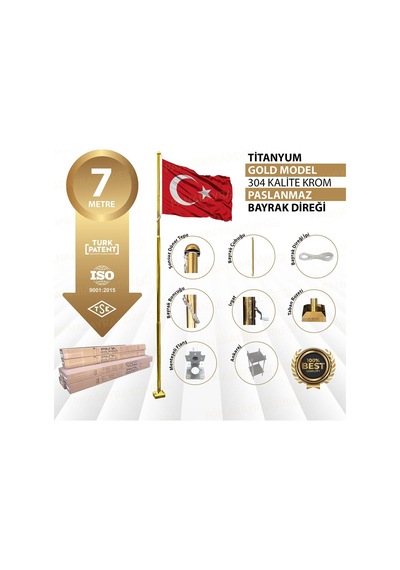 7 Metre İnox 304 Kalite Paslanmaz Krom Çelik Titanyum Gold Bayrak Direği Standart
