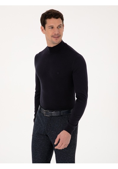 Cacharel Lacivert Slim Fit Pamuk Karışımlı Yarım Balıkçı Yaka Basic Triko Kazak