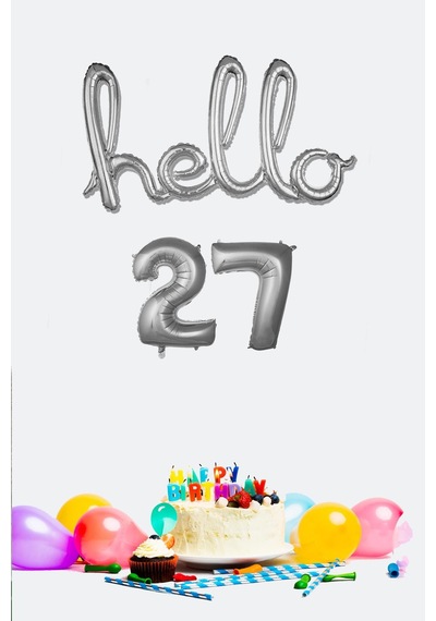 27 Yaş Doğum Günü Balonları - Hello 27 El Yazısı Gümüş Renk Folyo Balon Gümüş