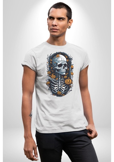 Cadılar Bayramı Kuru Kafa Unisex Unisex Beyaz Organik Baskılı T-shirt Penye Yüksek Kalite Beyaz