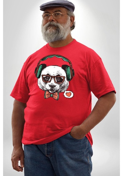 Angemiel Kulaklıklı Hipster Portre Panda Kırmızı Büyük Beden Erkek Kadın Unisex Basic Ön Baskılı Tişört Kırmızı