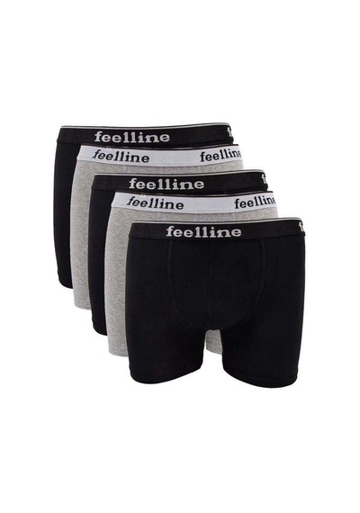 5 Adet Feelline Siyah Ve Gri Pamuklu Doğal Likralı Erkek Boxer Beden: M Standart