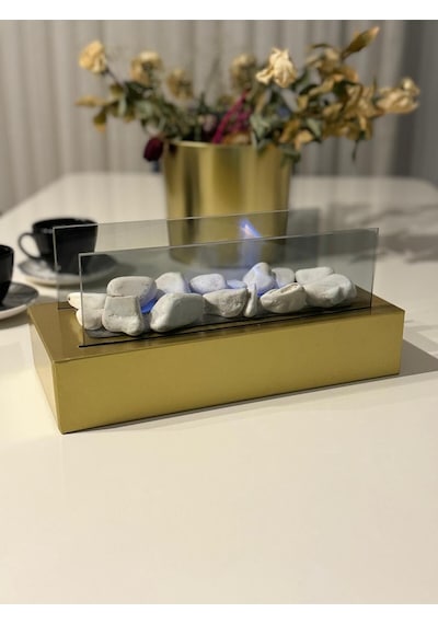 Arif Şömine Metal Gold Renk Masa Üstü Şömine Sertifikalı Yakıt Ve Dekoratif Taş