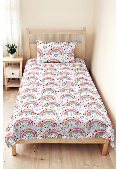 Evimde Bambaşka Gökkuşağı Desenli Pembe Kız Çocuk Pike Takımı - Kalp Motifli Bebek Odası Yatak Örtüsü - 160x220  CM
