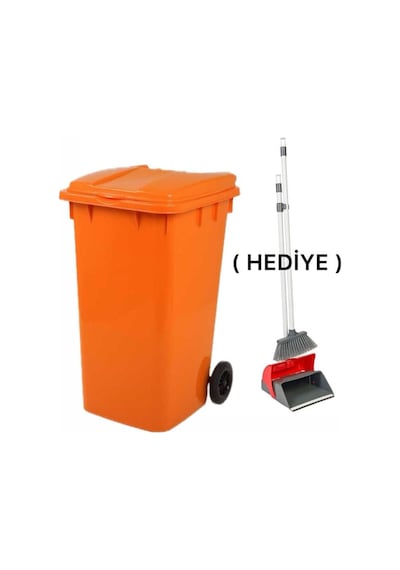3 Adet Plastik Çöp Konteyneri 240 Lt Isıya Karşı Dayanıklı Kapaklı Faraş Hediyeli Turuncu