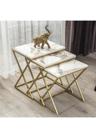 Venedik Gold Metal Ayaklı,Mermer Desenli Mdf'Li Zigon Sehpa (533735191)