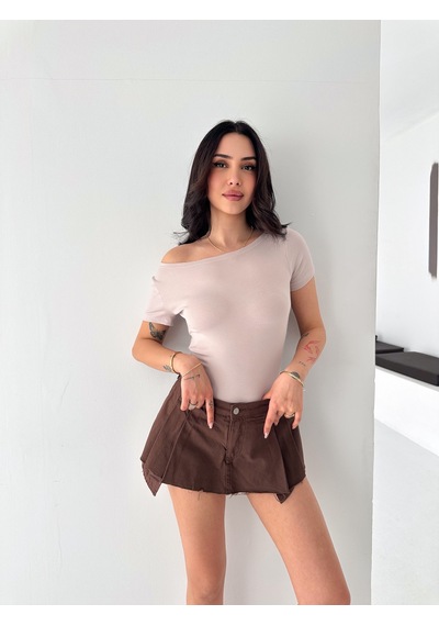 Elaxi Kadın Kısa Kollu Kayık Yaka Buzy Kumaş Tişört Bej