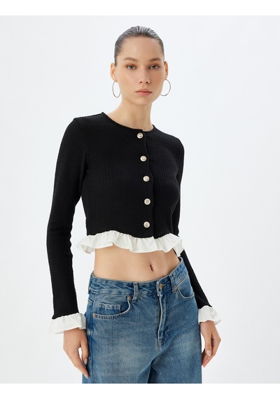 Koton Crop Hırka Düğmeli Fırfır Detaylı Bisiklet Yaka Slim Fit Siyah 5wal90024ık Siyah
