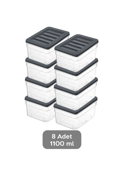 8'li Derin Mikrodalga Uyumlu Organizer Set Düzenleyici Gıda Erzak Saklama Kabı 1100 ML Antrasit