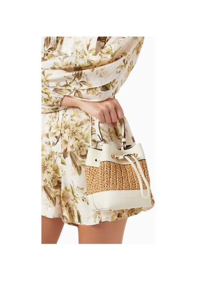 Strathberry Osette Krem Raffia Ve Deri Bucket Çanta, Lüks Ve Çok Yönlü Tasarım Omuz Çantası