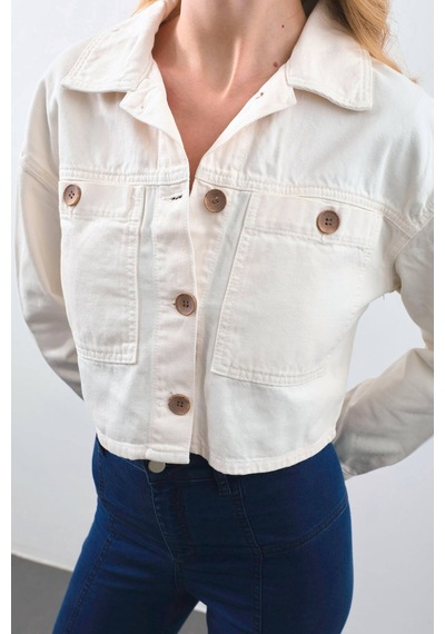 Kadın Ekru Crop Kesim Jean Ceket ekru