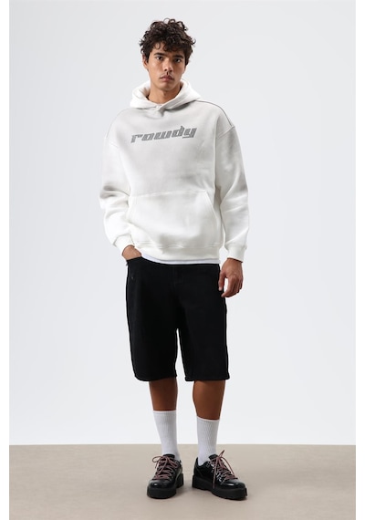 Vamos Oversize Baskılı Yıkamalı Hoodie Ekru