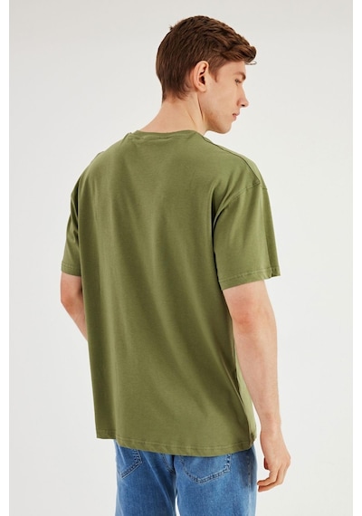 Leo Erkek Oversize Tshirt %100 Pamuk Cep Detaylı Bisiklet Yaka Basic Tişört Mtlce75 Haki